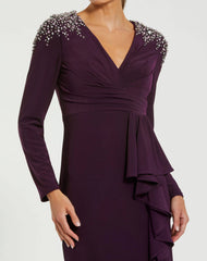 Purple Rhinestone Embellished Long Sleeve Ruffle Gown
