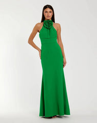 Green Sleeveless Halter Neck Gown with Rosette Detail