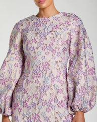Purple Floral Brocade Balloon Sleeve Mini Dress