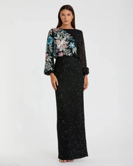 Black High Neck Long Sleeve Sequin Evening Gown