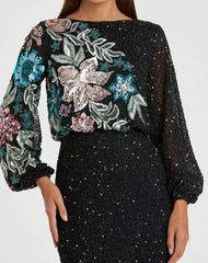 Black High Neck Long Sleeve Sequin Evening Gown