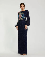 Navy High Neck Long Sleeve Sequin Evening Gown