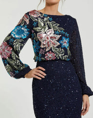 Navy High Neck Long Sleeve Sequin Evening Gown