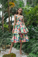 Multicolor Floral Tiered Square Neck Midi Dress