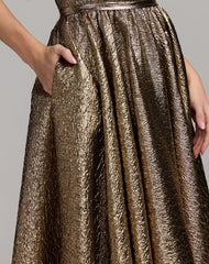 Gold Strapless Metallic Gown With Bow Detail