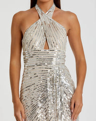 Silver Sequin Halter Keyhole Column Gown