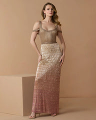 Pink Scoop Neck Embellished Fringe Ombre Gown