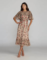Beige Floral Embellished Flutter Sleeve Midi Dress