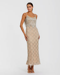 Nude Beaded Fringe Column Maxi Dress