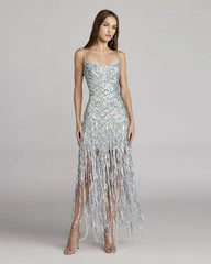 Blue Silver Sequin Fringe Midi Dress