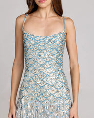 Blue Silver Sequin Fringe Midi Dress