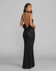 Embellished Halter Neck Open Back Column Gown