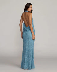 Blue Embellished Halter Neck Open Back Column Gown