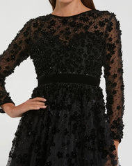 Black Embellished Long Sleeve Velvet Trim A-Line Midi Dress