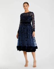 Navy Embellished Long Sleeve Velvet Trim A-Line Midi Dress