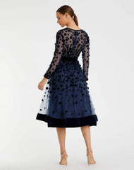 Navy Embellished Long Sleeve Velvet Trim A-Line Midi Dress