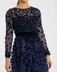 Navy Embellished Long Sleeve Velvet Trim A-Line Midi Dress