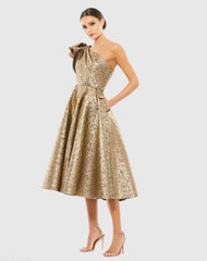Gold Metallic Ruffle One Shoulder Midi Dress