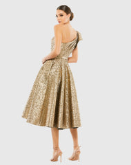 Gold Metallic Ruffle One Shoulder Midi Dress