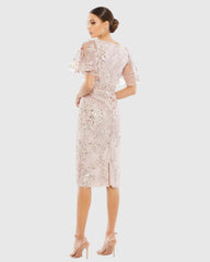 Pink Embellished Butterfly Sleeve Cocktail Dress