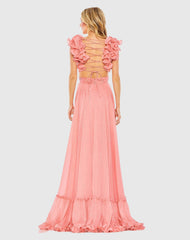 Pink Ruffle Sleeve V Neck A Line Gown