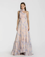 Pink Asymmetrical Ruffled Halter Floral Gown