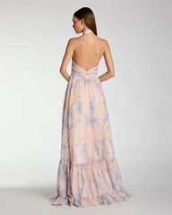 Pink Asymmetrical Ruffled Halter Floral Gown