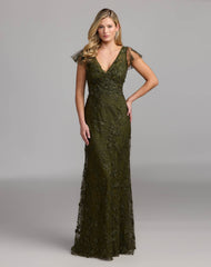 Embroidered Applique Wrap Over Flutter Sleeve Gown