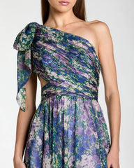 Purple One Shoulder Floral Printed Chiffon Side Cut Out Gown