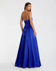 Blue Satin Strapless Ballgown With Bow Details