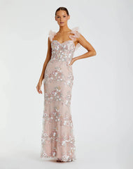 Embroidered Lace Floral Gown with Ruffle Straps