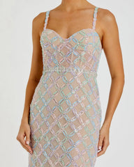 Nude Pearl Embellished Bustier Column Gown