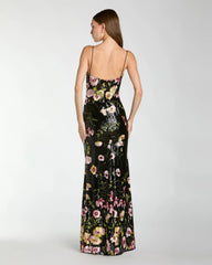 Black Sleeveless Bustier Floral Applique Gown