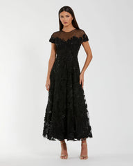 Black Embellished Lace Illusion Cocktail Dress