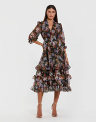 Black Floral Chiffon Ruffle Midi Dress