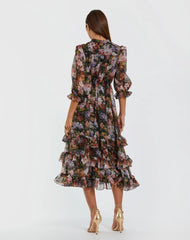 Black Floral Chiffon Ruffle Midi Dress