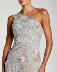 Blue Sleeveless One Shoulder Embellished Lace Gown