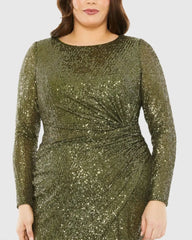 Green Long Sleeve Sequin Gathered Waist Dress - FINAL SALE