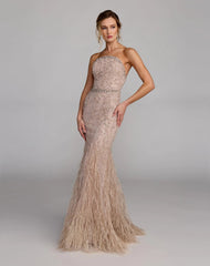 Beige Strapless Embellished Mermaid Gown With Feather Hem