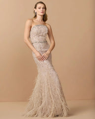 Beige Strapless Embellished Mermaid Gown With Feather Hem