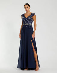 Navy Embellished Chiffon Cap Sleeve A-Line Gown