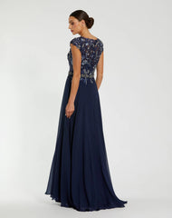 Navy Embellished Chiffon Cap Sleeve A-Line Gown