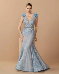 Blue Embellished Lace Illusion Neck Gown With 3D Flowers