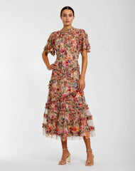 Illusion Floral Midi Dress with Ruffle Detailing