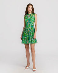 Green Multicolor Micro Ruffle Floral A-Line Mini Dress