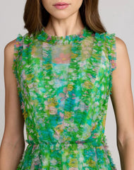 Green Multicolor Micro Ruffle Floral A-Line Mini Dress