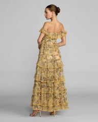 Yellow Floral Off The Shoulder Tiered Gown