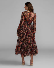 Floral Long Sleeve Mirco Ruffle Midi Dress