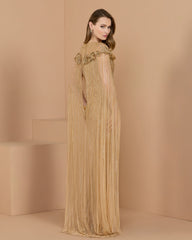 Gold Hand Beaded Floral Gown With Cape
