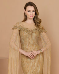 Gold Hand Beaded Floral Gown With Cape